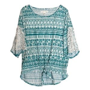 🌺 New York Laundry Teal Ikat Tie Front Lace Flounce Sleeve Blouse Size 1X